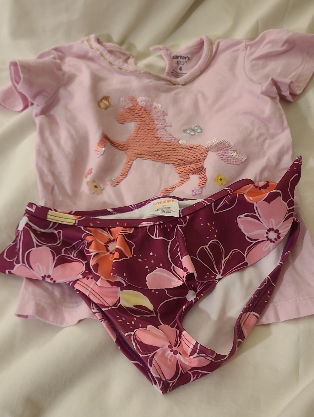 Carter's Pink Sequin Unicorn Top with Floral Purple Swim Bottoms